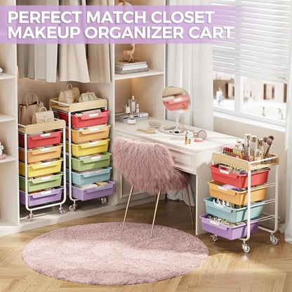 SYKIARIOL Utility Cart with 5 Labeling Drawers and Wooden Tabletop - color: Jelly Bean Color, size: 5-Drawer