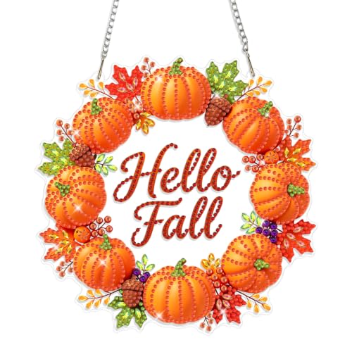 Fall Diamond Art Hanging Ornaments Kits for Adults, Pumpkin Wreath Diamond Painting Pendant Kits, DIY Acrylic 5D Special Shaped Crystal Gem Art Painting Ornament for Home Decor Thanksgiving 8x8Inch - color: As098
