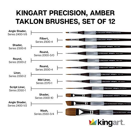 KINGART 1070B Premium 12 Pc. Precision Acrylic Artist Paint Brushes, Short Comfort Handle, Synthetic Taklon Hair for Acrylic, Oil, Watercolor and Gouache Paints, Set of 12
