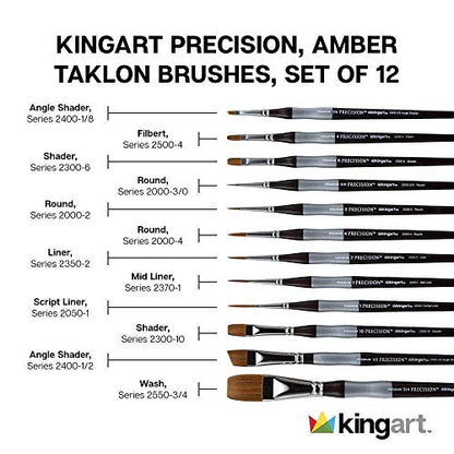 KINGART 1070B Premium 12 Pc. Precision Acrylic Artist Paint Brushes, Short Comfort Handle, Synthetic Taklon Hair for Acrylic, Oil, Watercolor and Gouache Paints, Set of 12