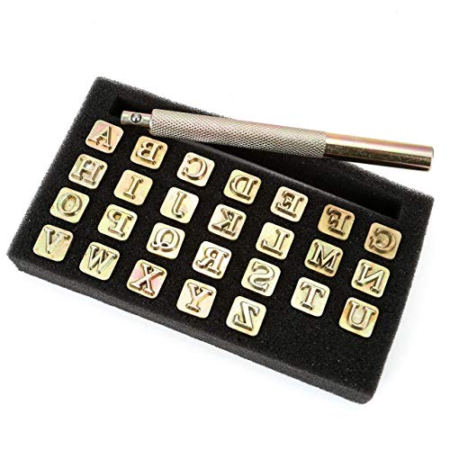 Yoption 27 Pieces Leathercarft Stamping Tool Set, 26 Letters Alphabet Stamps Steel Punch Tool 6mm+1 Stamping Handle for Leather Craft - size: 6mm