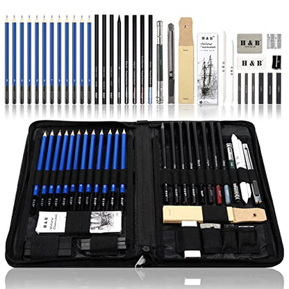 H & B 40 Piece Professional Sketch Pencil Drawing Kit,Complete Artist Kit, Including Graphite Pencils, Pastels, Sharpener and Eraser - size: 40 Piece Set