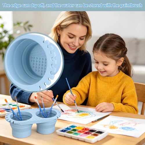 Abaodam Paint Brush Cleaner Cup for Kid Adult Painter Watercolor Acrylic | Dual Compartment Collapsible Silicone Paint Water Cup with 2 Sponges Foldable Water Container for Travel Painting