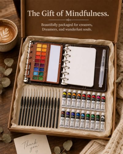 Mini Watercolor Travel Set 24 Colors, Sketchbook Kit with 11 Brushes