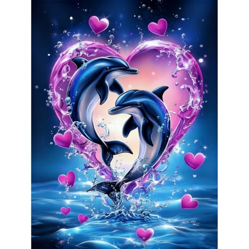 TOPCLTV Dolphin Diamond Art Kits for Adults Beginners, Dolphins in Love Diamond Painting Kit,DIY Round Full Drill Animal Diamond Dots Gem Art for Home Wall Decor Present12x16in - color: HS018-1