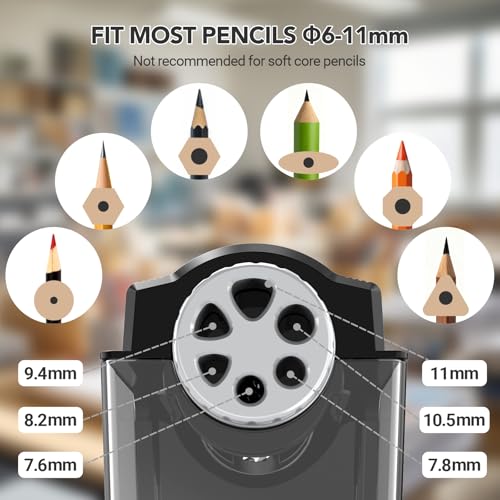 AFMAT Electric Pencil Sharpener for Classroom, 6 Holes, Cordless & Rechargeable, Super Fast, Auto Stop, 10K+ Uses, Heavy Duty Pencil Sharpener for 6-11mm No.2/Large/Colored Pencils PSD4(Black) - color: Black