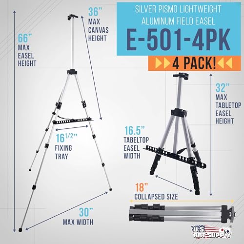 U.S. Art Supply 66" Silver Metal Tripod Easel Display, 4-Pack | Adjustable to 18", 5.5' Tall, Holds 36" Canvas - Floor/Tabletop Easel Stand, For Sign Display, Painting, Poster Board, Canvas