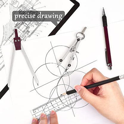 Unjoo 9Pcs Precision Geometry Set Metal Compass,Geometry Tool Set (Brown) | Shatterproof Storage Box, Circle Drafting Tool and Architecture, Drafting Kits for Engineers Students - color: 9pcs-red