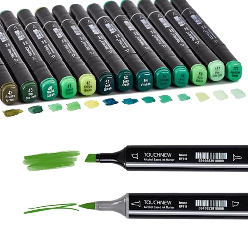 13Pcs Alcohol Markers Pure Color Series,Black Pen Barrel Dual Tip Soft Art Solid Color Markers Set for Adults Beginner Drawing Sketching (Green) - color: Green