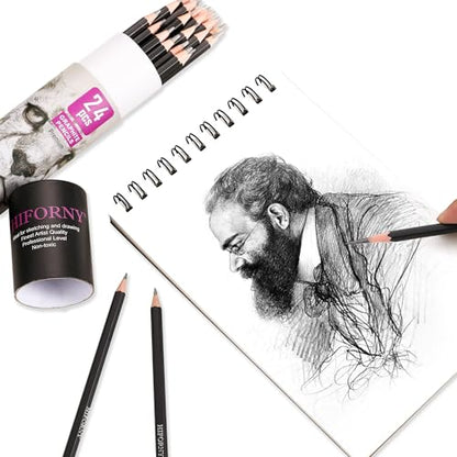 HIFORNY 24-Piece Graphite Sketching Pencil Set - 14B-5H, Ideal for Beginners & Artists