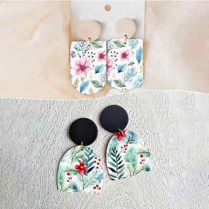 15 Pcs Christmas Transfer Paper for Polymer Clay, Xmas Trees, Snowman, Poinsettia，Jingle Bells, Gingerbread Water Soluble Transfer Sheets for Polymer Clay DIY Art Jewelry Earrings Making 5.82X3.93in