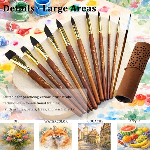Watercolor Paint Brushes Professional, 11PCS Synthetic Squirrel Watercolor Brushes Set with Roller Case for Travel- Extended Point, Flat, Round Pointed, Cats Tongue, Dagger (11, Brown)