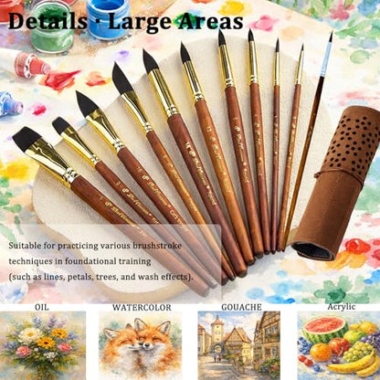 Watercolor Paint Brushes Professional, 11PCS Synthetic Squirrel Watercolor Brushes Set with Roller Case for Travel- Extended Point, Flat, Round Pointed, Cats Tongue, Dagger (11, Brown)