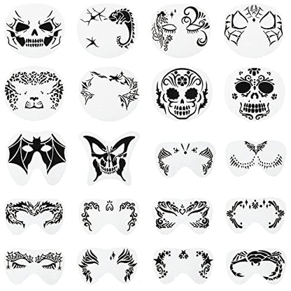 GROBRO7 20 Pcs Halloween Face Painting Stencils Set Skull Bat Face Paint Template Reusable Holiday Masquerade Facial Makeup Kit Butterfly Spider Tattoo Stencil for Kids Adult Party Supplies