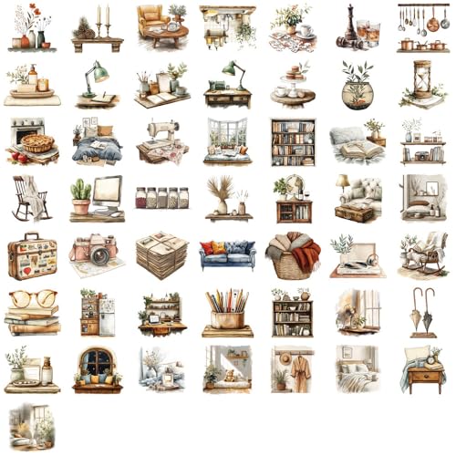 50Pcs Vintage Stickers,Waterproof Transparent PET Aesthetic Decorative Sticker Scrapbooking Supplies for Adult Card Making Letters Planner Journaling Junk Journal Water Bottles Art Craft,Retro Scene - color: Retro Scene