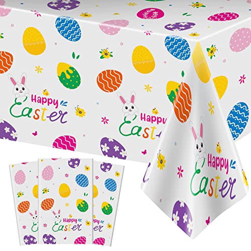 3 Pcs Easter Tablecloth-Happy Easter Bunny Table Cover, Disposable Plastic Rectangle Easter Colorful Eggs Table Cloth for Spring Easter Day Table Decorations and Party Supplies, 54 x 108 Inch