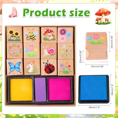 HOWAF 12pcs Spring Wooden Stamps, Hello Spring DIY Craft Rubber Stamps, Animal Daisy Flower Inking Stamp Pads Set, Butterfly Stamp Sunflower Inking Pads for Summer Party Supplies