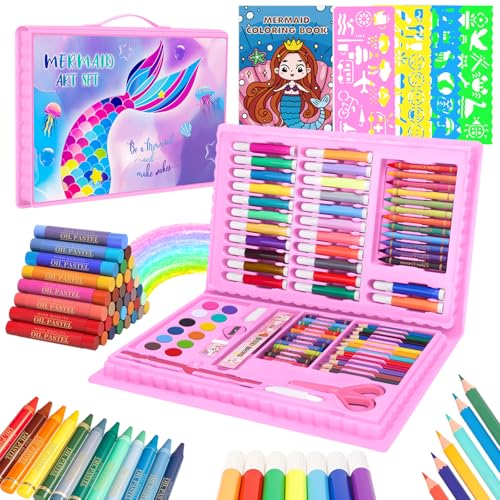 homicozy Art Supplies, Mermaid Drawing & Coloring Set with Crayons, Colored Pencils, Markers, Sketchbook, Watercolor Cakes, Stencils, Arts and Crafts Painting Kit for Kids Ages 4-10, Girls Boys Gift - color: Purple Mermaid