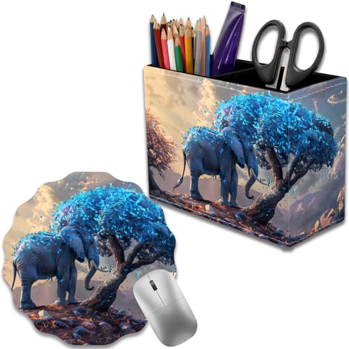 Pen Holder for Desk, PU Leather Multifunctional Desktop Storage Box and Anti-Slip Mouse Pad Set, Makeup Brush Holder Pen Organizer for Office and Home - Leaves and Elephants - color: Leaves and Elephants