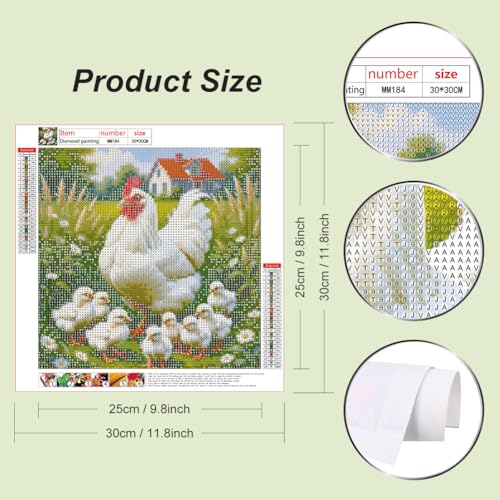 WSLWXSHM Diamond Painting Kits for Adults Chicken, Animal Round Full Drill Diamond Art Kits, 5D DIY Paint with Diamonds Crafts for Home Wall Decoration Gifts 12×12Inch