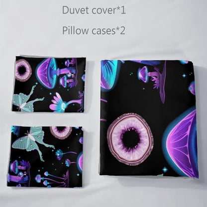 AILONEN Purple Blue Mushroom Duvet Cover Set King Size, Botanical Plant Fungus Moth Butterfly Comforter Cover Set, Soft Black Gradient Quilt Cover 3Pc Set, 1 Duvet Cover + 2 Pillowcases - color: Mushroom105, size: King