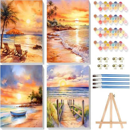 4 Pack Framed Paint by Numbers Kit for Adults Beginners, Beach 8x12 inch - color: BKH1382+BKH1383+BKH1384+BKH1385-US