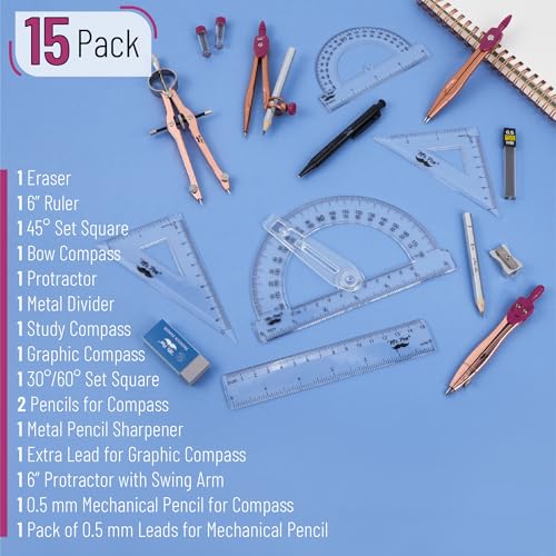 Mr. Pen- Geometry Set, 15 pcs, Rose Gold & Pink - color: Rose Gold & Pink
