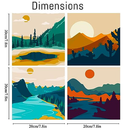 FQOVKYN 4 Pack Sunset Paint by Number for Adults Beginners, DIY Landscapes Paint by Numbers on Canvas, Acrylic Easy Painting by Numbers Oil Painting Kits for Home Wall Decor (8x8in)