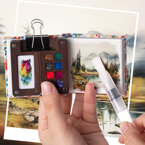 Qilery Mini Portable Watercolor Palette Set Wooden Grid Paint Box Watercolor Paper Sketch Book Brush Pens with Binder Clip for Painters Artist Not Include Paint(Red Flowers) - style: Red Flowers