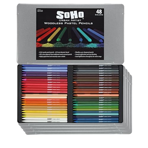 Soho Urban Artist Woodless Pastel Pencils - 5 Packs of 48, 240 Total, Professional Artist-Grade, 40% More Pastel, Water-Soluble, Pre-Sharpened, Easy Blending, 6.93mm Barrel, Clear Lacquered - size: 1 Count (Pack of 5)