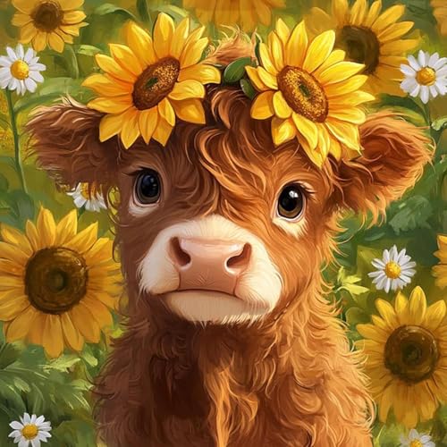 Highland Cow Diamond Painting Kits for Adults, Diamond Art Kits for Adults | Cow Sunflower Diamond Art Kits for Adults, 5D Diamond Painting Kit DIY Full Drill Round Gem Art for Home Wall Decor 12x12 In - color: Cow Sunflower