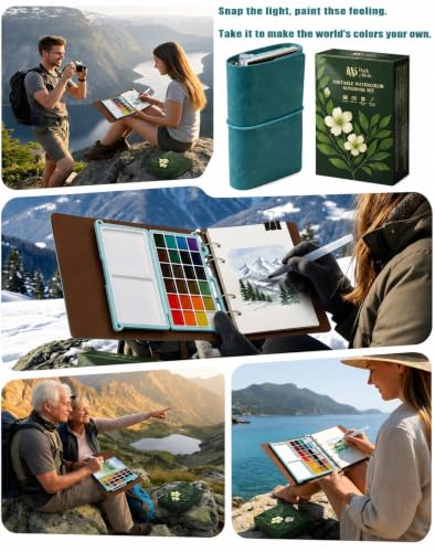 Mini Travel Watercolor Sketchbook Set - 24 Colors Pocket Paint Kit (6 Metallic, Neon, Macaron) with Refillable 300gsm Black & White Paper - PU Leather Urban Sketching Binder & Water Brush Gift - color: Green