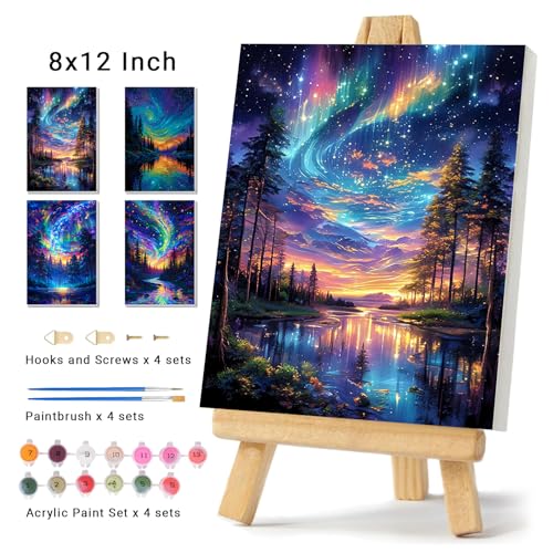 4 Pack Framed Paint by Numbers Kit for Adults Beginner Canvas Painting by Numbers for Adults Starry Night Easy Adult Paint by Number Kits with Frame Tree Watercolor Painting by Number 8x12 Inch - color: Starry Night Framed Paint by Numbers Kit