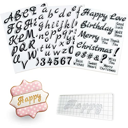 4 PCS Alphabet Letter Fondant Stamps for Biscuit Cake Cookie, Upgraded Food Grade Alphabet Cake Stamp Tool Uppercase Extra Spare Lowercase Numbers Phrases for Christmas Party Reusable Cookie Stamp - color: Clear