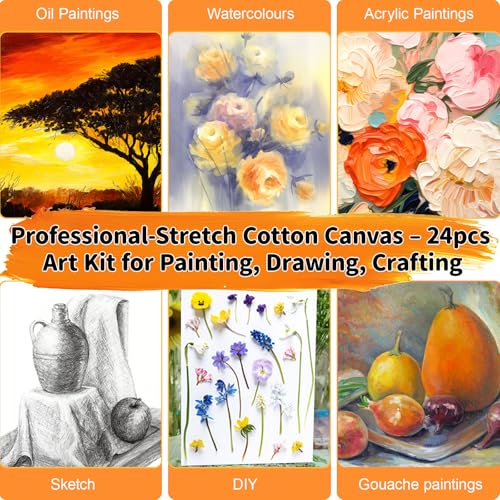 24-Pack Stretched Canvas 8 Sizes 100% Cotton for Acrylic Oil Mixed Media | 100% cotton with natural cottonseed husk, 5/8" deep profile, triple-gesso acid-free white canvas - size: 12"x16", 11"x14", 9"x12", 8"x10", 8"x6", 4"x6"