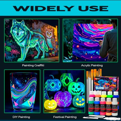 Glow in the Dark Acrylic Paint Set, 24 Pack, 10 Colors | 60ml Large Bottles, 10 Brushes, Palette & 3 Spatulas, Luminous Neon Paint Kit, For Canvas Wood Ceramic Wall DIY Crafts