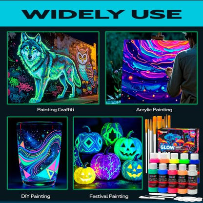Glow in the Dark Acrylic Paint Set, 24 Pack, 10 Colors | 60ml Large Bottles, 10 Brushes, Palette & 3 Spatulas, Luminous Neon Paint Kit, For Canvas Wood Ceramic Wall DIY Crafts
