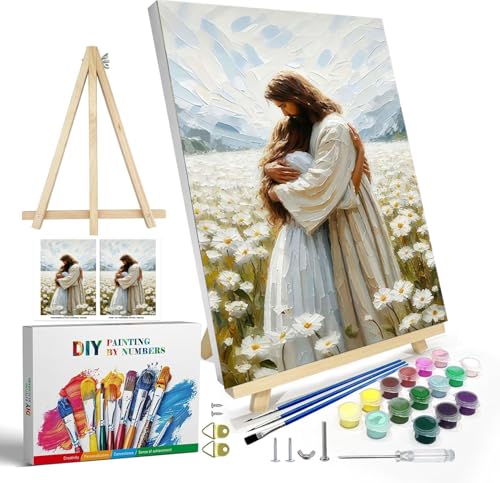 Jesus Paint by Numbers Kit for Adults Framed Canvas, with Wooden Easel | Jesus Christian Number Artist Paint by Number on Canvas, DIY Acrylic Oil Painting Kits for Home Decor 9.45x11.8in - color: YH02645