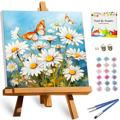 TOCARE Framed Paint by Numbers Kit for Adults Beginner & Kids Ages 8-12, Daisy Paint by Number Framed,Adult Paint by Number Kits on Canvas Framed Flowers Daisy (10x10 Inch, Without Easel) - color: TC-F-101