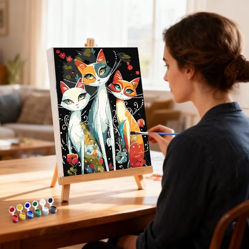 MXJSUA Three Cats Paint by Numbers Kit with Frame for Adults, Animal Easy Beginners Paint by Number on Canvas with Easel, Acrylic Number Painting Craft Gifts for Home Decor, 8x12 inch - color: Three Cats