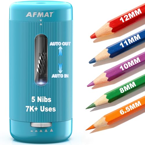 AFMAT Electric Pencil Sharpener, Auto in & Out, 5 Nibs, 7K+ Uses, Fully Automatic Pencil Sharpener for Classroom, Rechargeable Hands-Free Sharpeners for Jumbo/Colored Pencils (φ6.5-12mm) PSC3(Cyan) - color: Cyan