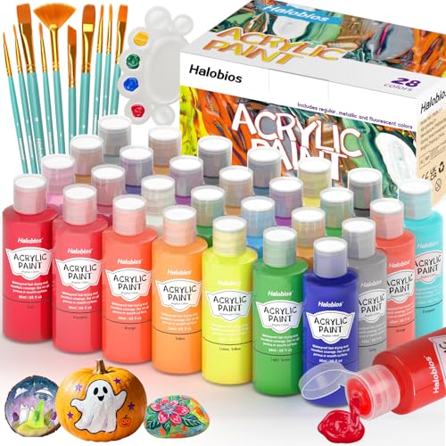 Halobios Acrylic Paint Set 28 Colors with 10 Brushes, Art Craft Paints for Artists Kids Beginners Students & Painters, Canvas fabric Ceramic Wood Rock Painting Art Supplies (Multicolor) - size: 2 Fl Oz (Pack of 28)