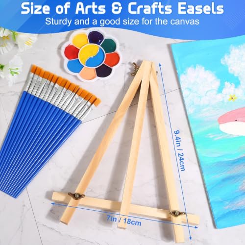 16 Pack 9 Inch Wood Tabletop Easel Canvas Stand Bulk for Painting | Tripod Art & Crafts Easel with Small Paint Brushes, Palettes Set for Sip and Paint Party, Display, Photo Picture Sign Holder