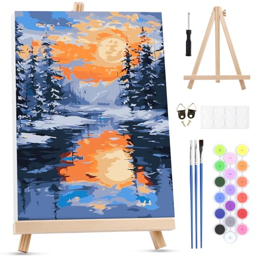 MXJSUA Snowy Landscape Paint by Numbers Kit with Frame for Adults, Easy Beginners Paint by Number on Canvas with Easel, Acrylic Number Painting Craft Gifts for Home Decor, 8x12 inch - color: Snowy Landscape
