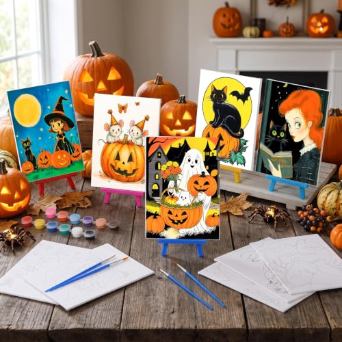 Blosssound 10 Set Halloween Pre Printed Canvas for Painting 5x7, Vintage | Sip and Paint Kit, Halloween Pre Drawn Outline Canvas with Wood Easels, Acrylic Paints, Beginner Friendly DIY Project - style: Vintage Halloween