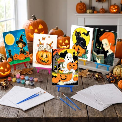 Blosssound 10 Set Halloween Pre Printed Canvas for Painting 5x7, Vintage | Sip and Paint Kit, Halloween Pre Drawn Outline Canvas with Wood Easels, Acrylic Paints, Beginner Friendly DIY Project - style: Vintage Halloween