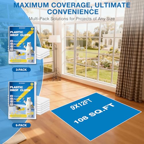 3 Pack 9x12 FT Plastic Drop Cloths for Painting, Disposable Sheeting & Tarp - color: 3-Pack