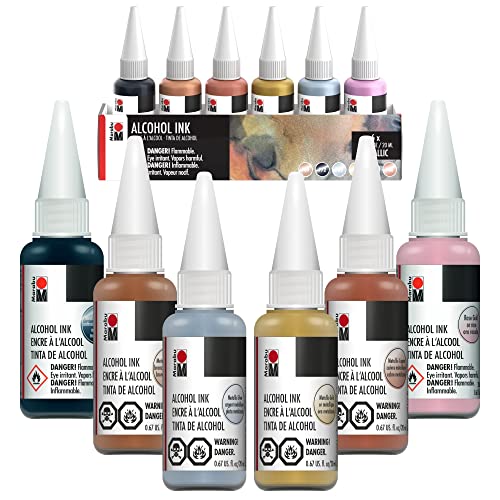 Marabu Metallic Alcohol Ink Set - 6 Alcohol Inks, Gold, Silver, Bronze, Rose Gold, Copper, Anthracite - Metallic Alcohol Ink for Epoxy Resin, Tumblers, Alcohol Ink Paper - Large 0.68 Ounce Inks