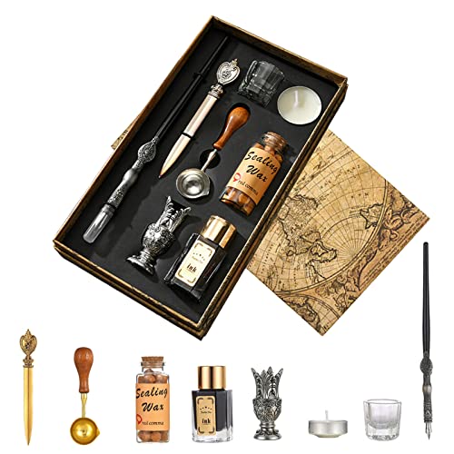 Joyeee Antique Wooden Pen and Ink Set, Sealing Stamp Kit for Artist with Wax Seal Beads, Black ink, Ink Cups, Silver Letter Opener, Wax Melting Spoon and Metal Pen Holder, Christmas Birthday Gift Box - color: #74 silver