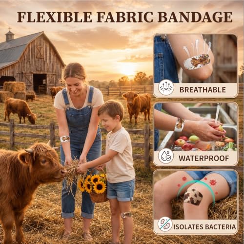 Geiserailie Large Flexible Fabric Bandages 2x4 Waterproof,Highland Cow | Cushioned Pad Protects Wounds and Cuts, Latex Free Bandages for Sensitive Skin, Stays Secure During Daily Activities - style: Highland Cow